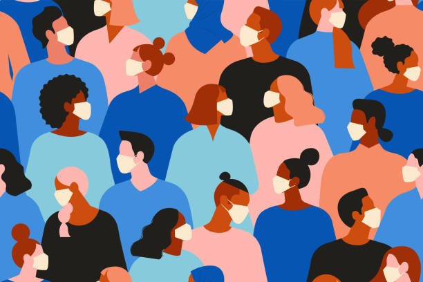 Illustration of a crowd of people wearing face coverings